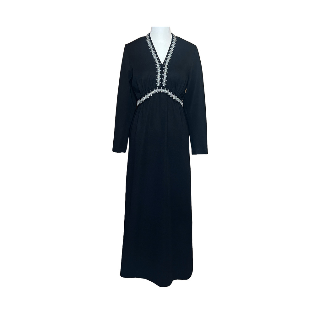 Vtg 70s Black Maxi Dress Embellished Empire Waist Witchy Whimsigoth Wednesday